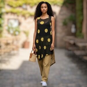 Alembika Polka Dot Semi Sheer Tunic Dress Sz 6 Lagenlook Layered Gingham‎ Art